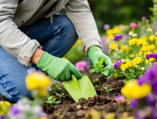 Fototapeta premium Person wearing green gloves planting a young plant in a vibrant flower garden using a small shovel. Bright flowers in the background. Gardening concept. Ai generative