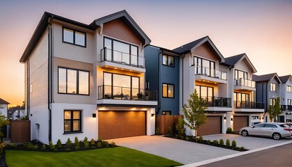 Fototapeta premium Close up photo of modern residential townhouse, luxury architectural style house exterior