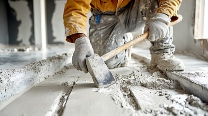 Worker using a demolition hammer to remove floor tiles during home renovation.