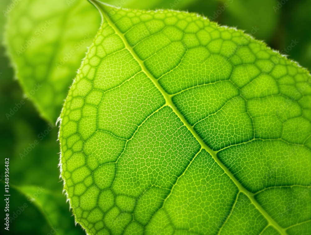 Poster detailed macro of a vibrant green leaf showing intricate vein patterns, softly blurred background. n