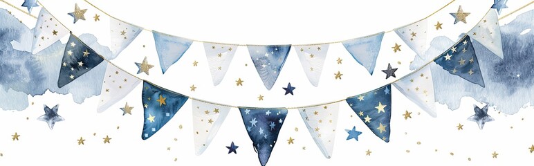 Bunting decoration with watercolors in blue and gold for a festive occasion
