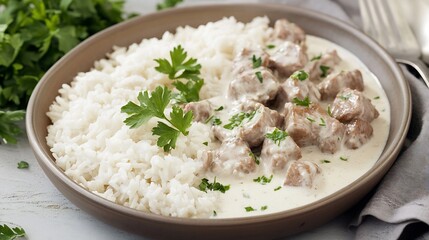 French blanquette de veau veal stew a creamy white sauce served with rice and garnished with parsley