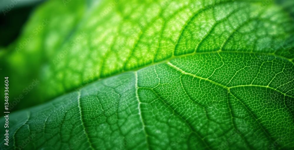 Poster macro shot of a fresh green leaf with detailed vein structure, showing nature's intricate patterns. 