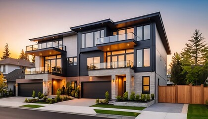 Close up photo of modern residential townhouse, luxury architectural style house exterior