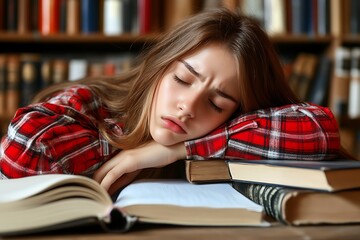 A tired young woman asleep on books at the library