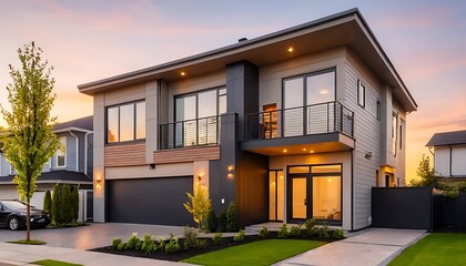 Fototapeta premium Close up photo of modern residential townhouse, luxury architectural style house exterior