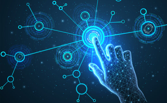 Hand on the blue digital background. Technology digital, future information.