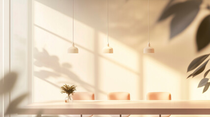 Elegant dining room with soft lighting, modern pendant lights, and a warm and welcoming atmosphere.