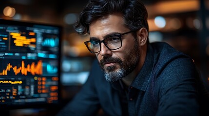 Focused man analyzing data on computer screen at night.
