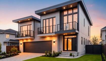 Fototapeta premium Close up photo of modern residential townhouse, luxury architectural style house exterior