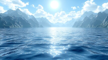 Fototapeta premium Sunlit lake nestled in majestic mountains.