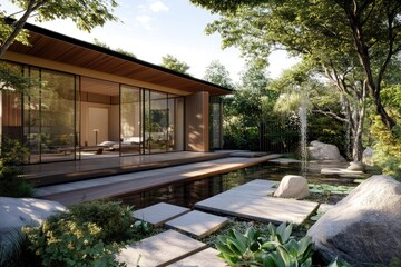 Modern Japanese-style home with serene garden.  Tranquil  exterior.  Glass walls.  Wooden deck.  Water feature