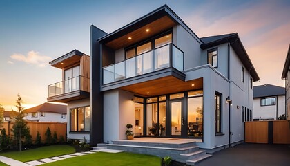 Obraz premium Close up photo of modern residential townhouse, luxury architectural style house exterior