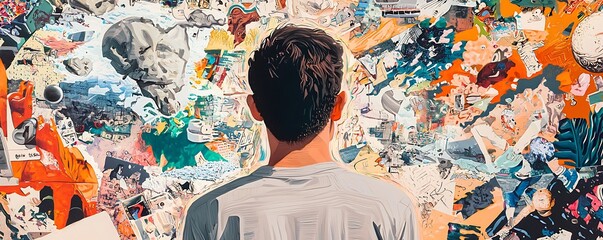 Composite collage a young man's chaotic brainstorming session, blending art, comics, and surreal elements for a unique visual story.