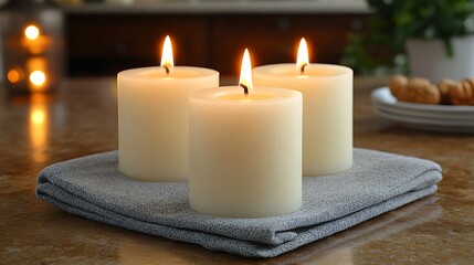 Three burning candles on a towel.