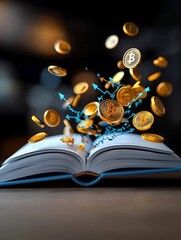An open book with flying coins representing cryptocurrency and financial growth, symbolizing knowledge and investment.