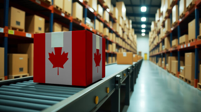 Canada parcel on a conveyor in a modern distribution center. Symbolizing trade, global exports, and the efficiency of logistics
