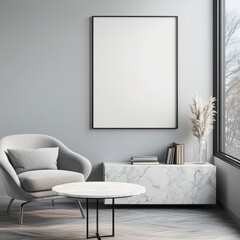 Modern minimalist interior design featuring a gray armchair, marble coffee table, and a blank poster frame