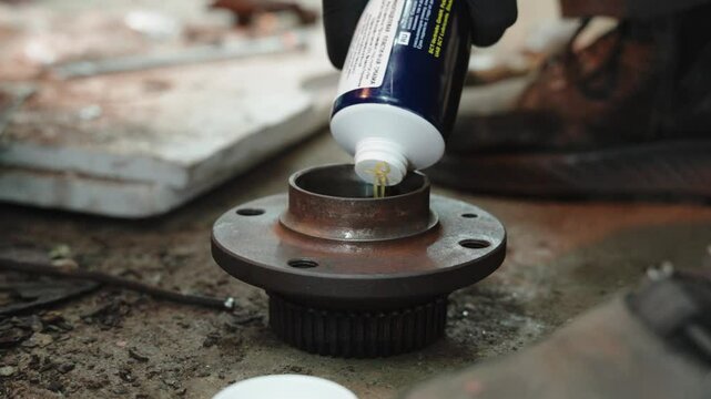 Professional technician greasing wheel bearing, performing detailed automotive service inside dark repair shop, highlighting precision mechanical maintenance process