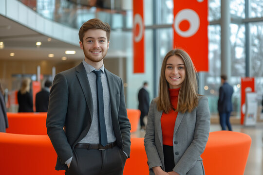Portrait d&rsquo;un bin&ocirc;me de jeunes entrepreneurs en costume professionnel, incarnant la r&eacute;ussite, le networking et l&rsquo;innovation, illustrant un environnement d&rsquo;affaires moderne et dynamique