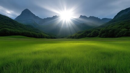 Obraz premium Majestic mountain vista, sunlit meadow. Lush green grass, towering peaks, serene scene