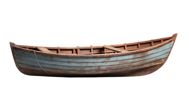 An old wooden rowboat isolated on a white background