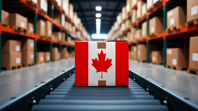 A package wrapped in the Canada flag moves on a conveyor belt inside a warehouse. Symbolizing logistics, global trade, and the efficiency of supply chains.