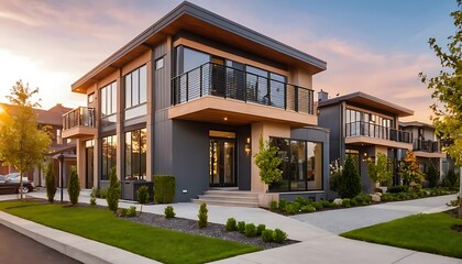 Fototapeta premium Close up photo of modern residential townhouse, luxury architectural style house exterior