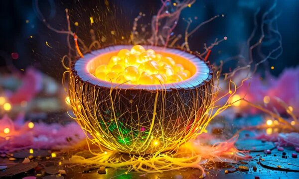 Glowing magical cauldron with golden liquid, sparks and neon lights in a mystical setting. Concept of fantasy potion