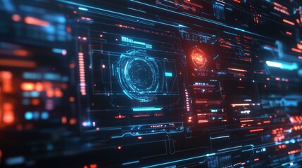 Fototapeta premium Futuristic AI-driven Holographic Interface with Cybe on Blue Background