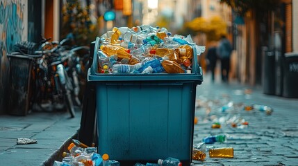 Overflowing garbage bin in an urban alley, plastic bottles and papers spilling out 
