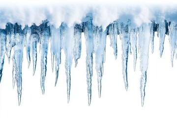 Fototapeta premium row of icicles hanging with sharp tips isolated on white background