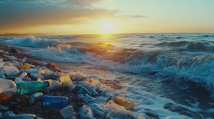 Obraz premium Ocean waves pushing plastic bottles and waste onto shore, environmental issue focus 
