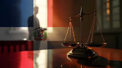 The scales of justice stand in front of the Dominican Republic flag, symbolizing law, fairness, and the legal system. A concept of democracy and equality.