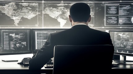 A man in a suit is working at a computer monitor