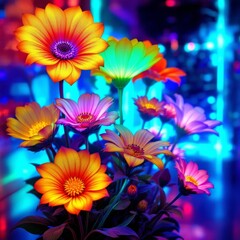 Close-up of vibrant colorful flowers against an abstract blue illuminated backdrop.