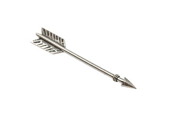 A steel arrow, with intricate detailing on its fletching and a sharply ridged tip, exuding a medieval yet refined, streamlined design for accuracy and penetration, isolated on a transparent background