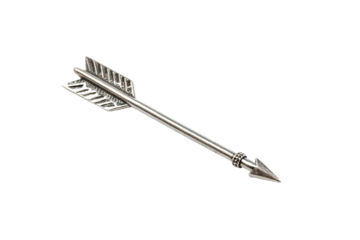 A steel arrow, with intricate detailing on its fletching and a sharply ridged tip, exuding a medieval yet refined, streamlined design for accuracy and penetration, isolated on a transparent background