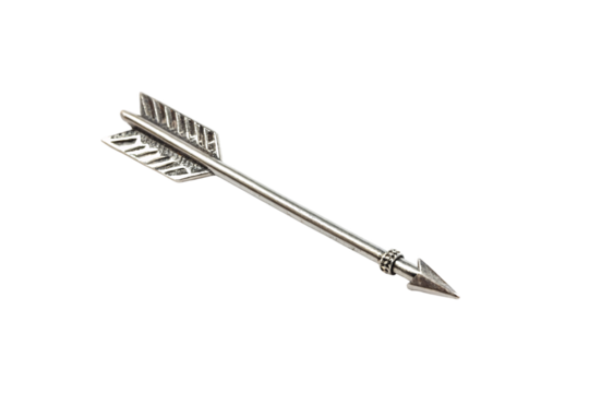 A steel arrow, with intricate detailing on its fletching and a sharply ridged tip, exuding a medieval yet refined, streamlined design for accuracy and penetration, isolated on a transparent background