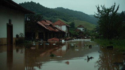 Obraz premium Flooded landscape reveals damaged structures submerged in murky