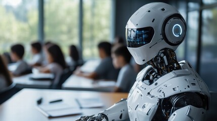 Fototapeta premium Futuristic Robot Teacher Instructing a Group of Students