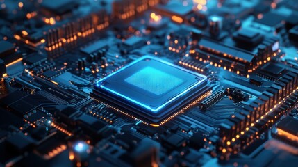 Glowing AI Microchip Embedded in Futuristic Motherboard Circuits