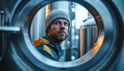 An industrious worker is positioned near large stainless-steel machinery, preparing for a busy day at the facility. The setting is well-lit, indicating early morning operations