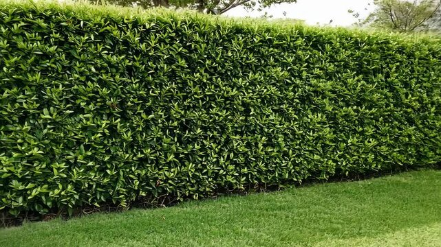 Lush green hedge providing natural privacy in a well-maintained garden setting on a sunny day