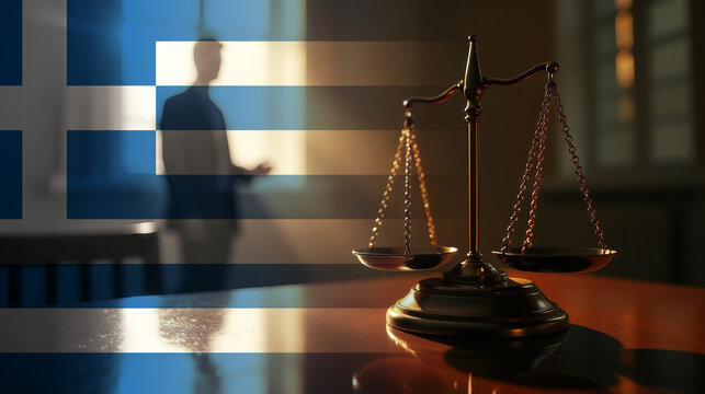 The scales of justice stand in front of the Greece flag, symbolizing law, fairness, and the legal system. A concept of democracy and equality.
