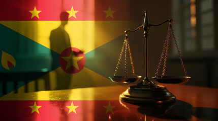 The scales of justice stand in front of the Grenada flag, symbolizing law, fairness, and the legal system. A concept of democracy and equality.
