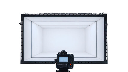 Obraz premium Studio Photography Setup Camera in Infinite White Cube Lightbox for Product Photography