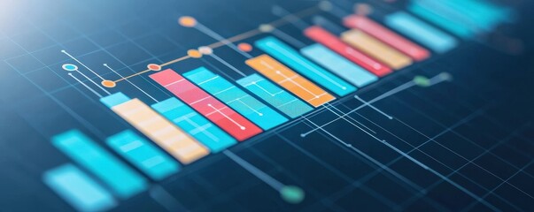 Strategic planning resources innovation concept. Abstract data visualization with colorful bars and lines.