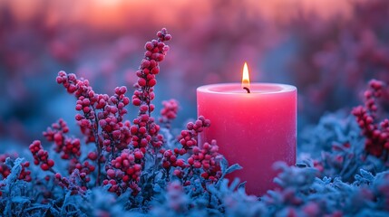 Pink candle burning amidst frosty red berries at sunset.