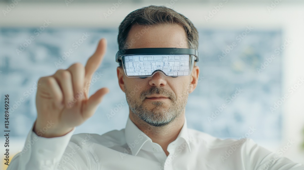 Poster strategic planning resources innovation concept. man using augmented reality glasses in a modern wor
